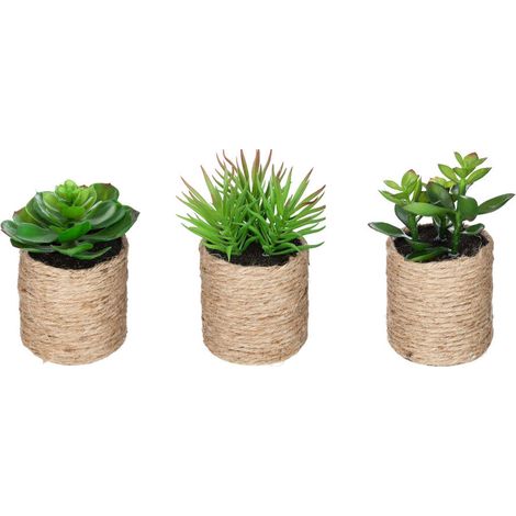 Lot de 3 plantes vertes artificielles avec pot en corde coloris sable -PEGANE- (1/2)