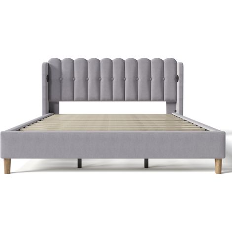 Lit double rembourré avec fonction de charge USB Type C, cadre de lit avec sommier à lattes, lit capitonné gris, 180 x 200 cm, cadre de lit pour chambre d'adolescent et chambre d'amis, matériau en lin (1/5)