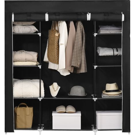 Portable Wardrobe, Foldable Fabric Wardrobe, 150 x 43 x 162.5cm, Clothes Storage Organiser with Hanging Rail, Shelves, Fabric Cover for Bedroom, Black