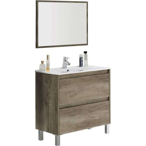 Meuble de Salle de Bain avec Deux tiroirs et Miroir 80 x 80 x 45 cm Couleur Nordique (1/5)