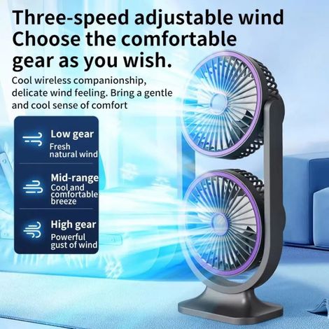 FLITI Dual Head USB Rechargeable Silent Desk Fan with Night Light, 5 Speeds, ABS, Grey/Beige, 366x195mm (1/5)