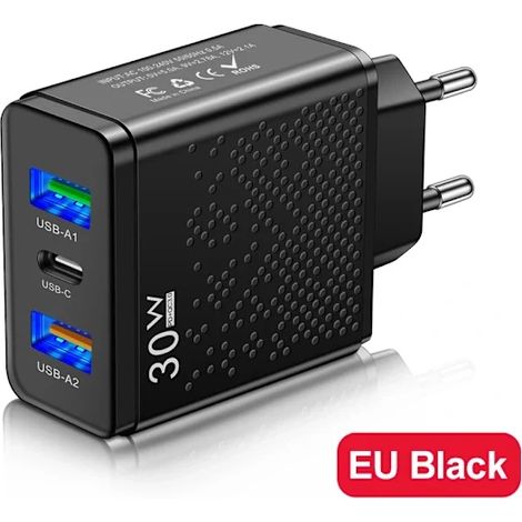 Chargeur USB-C 30 W à charge rapide PD 3.0, adaptateur secteur pour iPhone 15, Xiaomi 13, POCO, Samsung et OnePlus, noir, prise européenne. (1/5)
