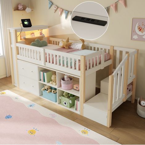 Hochbett, 90 x 200 cm, mit Schubladen, Staufächern, trapezförmigem Schrank, LED-Beleuchtung, Matratze nicht enthalten,Natur (1/5)