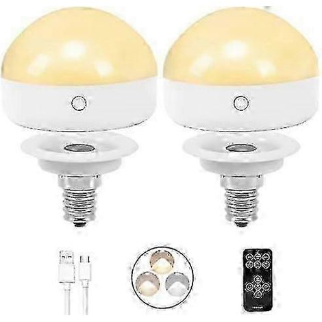 Wiederaufladbare E14-Glühbirne, 2 Packungen, 300 lm, 40 W-Äquivalent, abnehmbare Aufladung, 3 Farbtemperaturen, ferngesteuerte Puck-Notfalllampe
