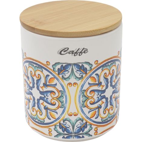 BARATTOLO DA CAFFÈ TONDO 10 X H 12 CM CON DECORI E TAPPO IN LEGNO