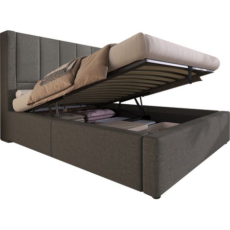 Lit coffre 90x200 cm avec matelas, charge USB et port Type-C, rangement hydraulique sous le lit, tête de lit rabattable et porte-gobelet discret  CHICFURN (1/5)