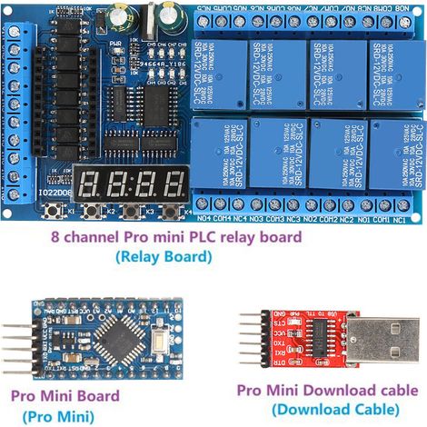 12V DC Module Shield Relais PLC Pro Mini 8 Canaux Minuterie Retard pour Arduino (Carte Relais PLC Pro Mini 8 Voies, Carte Pro Mini, Câble Téléchargement Pro Mini) (1/5)