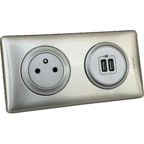 Kit prise 2P+T 16A + chargeur double USB type A 3A complet titane avec enjoliveur, plaque et support à encastrer Céliane LEGRAND (1/4)