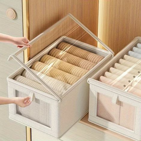 Grande boîte de rangement pliable en toile avec fenêtre transparente - Organisez et rangez vos vêtements, solution gain de place pour votre dressing. (1/5)