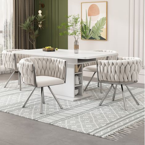 Chaise de salle à manger pivotante en velours, lot de 4, beige et argent DESVIAE (1/5)