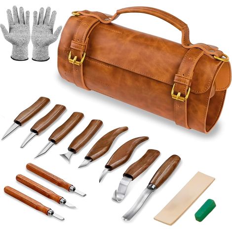 15-in-1 Holzschnitzset – Kohlenstoffstahl mit Meißeln, ergonomischer Walnussholzgriff, Aufbewahrungskoffer aus Leder, für Anfänger und Fortgeschrittene