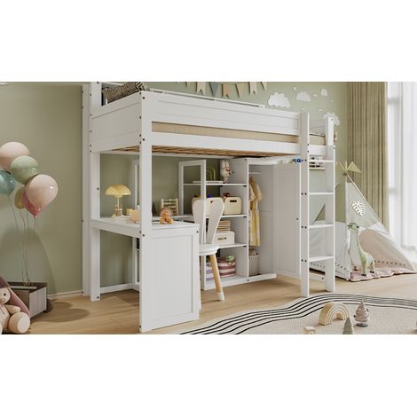 Litera 204x121x191 cm de madera blanca con escritorio, sin colchón – MEUBLIV (1/5)