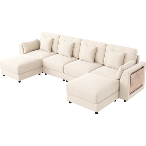 Modulares U/L-Ecksofa aus Chenille in Beige mit 2 Hockern, LED und klappbarem Tisch (1/5)