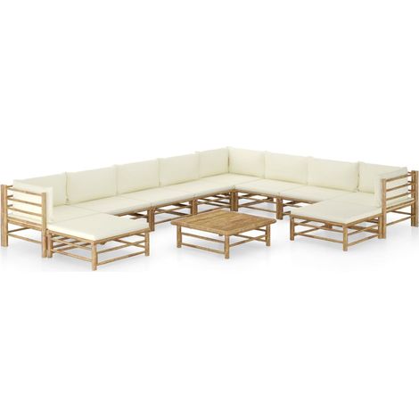 11-tlg. Garten-Lounge-Set mit Cremeweißen Kissen Bambus