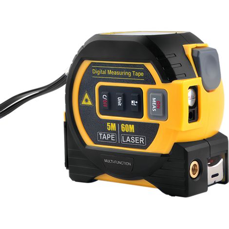 Télémètre laser 3 en 1 avec ruban de mesure de 5 m, écran LCD et batterie.