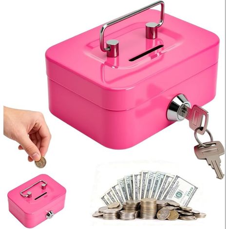 Caisse à Monnaie Verrouillable, 12,5 x 9,5 x 6 cm Tirelire avec Clé, Boîte à Monnaie Acier avec Fente à Pièces Clés et Poignée, Enfants Maison École (1/5)