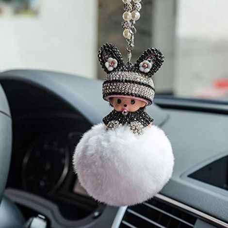 Auto Rückspiegel Anhänger mit Strass und Plüschball, weiß (1/5)