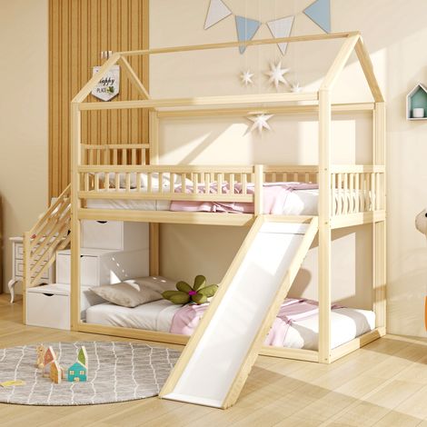 Cama alta infantil con tobogán y escalera 90x200 OKMYHOME (1/5)