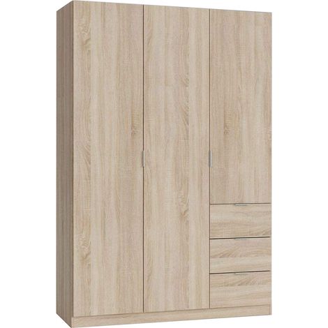 Armadio Guardaroba Vestiti 3 Ante Battenti 4 Ripiani E 3 Cassetti Con Barra Appendiabiti Salvaspazio Per Camera Da Letto Stanza Matrimoniale Design Moderno 200 x 52 x 135 Cm Colore Rovere Canadese - C