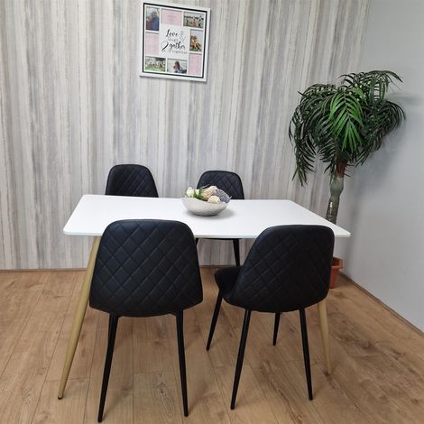 Dining Table Set of 4 Wooden White Table with 4 Black Gem Patterend Chairs (1/5)
