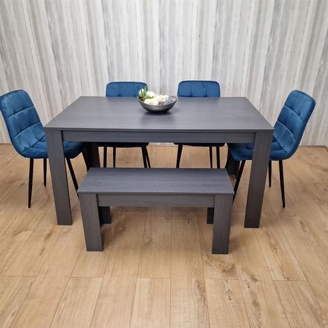 Dining Table and 4 Chairs With Bench Black Dark Grey 4 Blue Velvet Chairs Wood Dining Set Furniture (1/5)