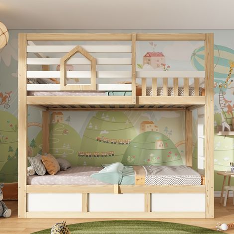 Lit superposé cabane enfant 90 x 200 cm blanc et bois 2 couchages fenêtre échelle droite rangement hydraulique EN747 sans matelas (1/5)