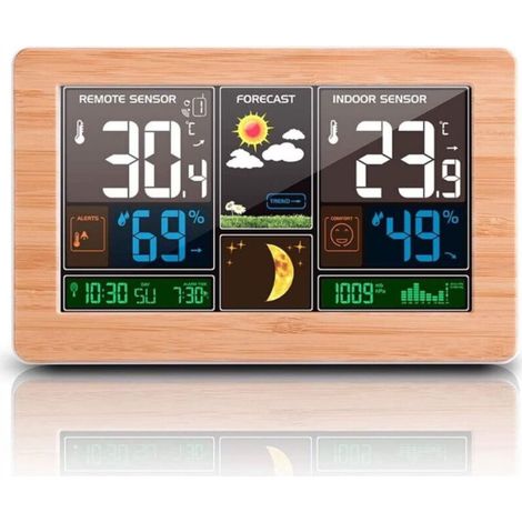 Station Météo Thermomètre Hygromètre Baromètre Intérieur Extérieur avec Capteur LED Ecran, Rétro-éclairage Horloge Numérique Affichage Heure Date Jour Phase de Lune (Jaune) (1/4)