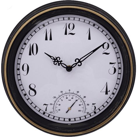 Horloge Murale Extérieure Imperméable avec Thermomètre et Hygromètre, Grande Horloge Silencieuse pour Jardin Terrasse Clôture Salle de Bain Décoration Maison (1/4)