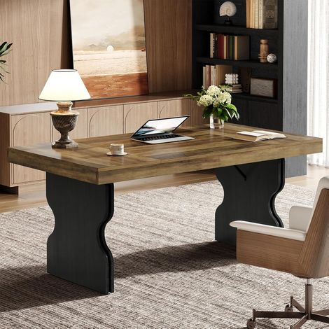 Tribesigns 160 cm Computertisch, Schreibtisch im Landhausstil mit Sanduhrbeinen, Business-Arbeitsplatz mit Platz für Laptop, Braun und Schwarz (1/4)