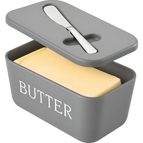 Grand beurrier en plastique avec couvercle, Beurrier en PP alimentaire avec couvercle, Récipient à beurre gris pour réfrigérateur et plan de travail de cuisine