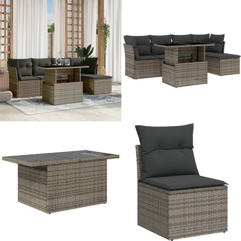 6-tlg. Garten-Sofagarnitur mit Kissen Grau Poly Rattan - Gartenmöbel Set - PE-Rattan Möbel - Outdoor Sofa - Lounge Set - Gartenlounge - Home & Living (1/5)
