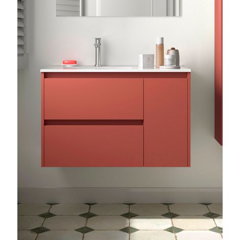 Noja Unterschrank 850 2 Schubladen 1 Tür re + Waschbecken Red Satin