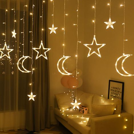 MINKUROW Led Star Moon Cortina De Luz, 8 Modos De Luces De Hadas Y Función De Memoria Para Exteriores/Interiores Con Enchufe, Temporizador De Control Remoto Impermeable Para Dormitorios, Balcones, Nav (1/4)