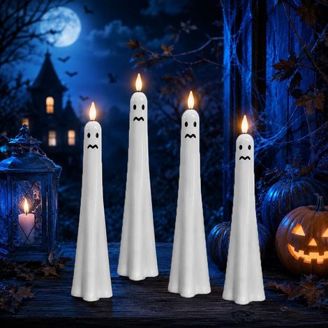 Neue LED-Stabkerzen mit Sensor – Gruselige Halloween-LED-Kerzen mit Lichtsensor (Design mit weinendem Gesicht) – 4 Stück – Lichtsensor