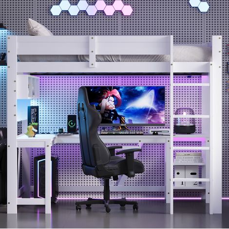 Cama cama alta con escritorio y luz LED OKMYHOME (1/3)