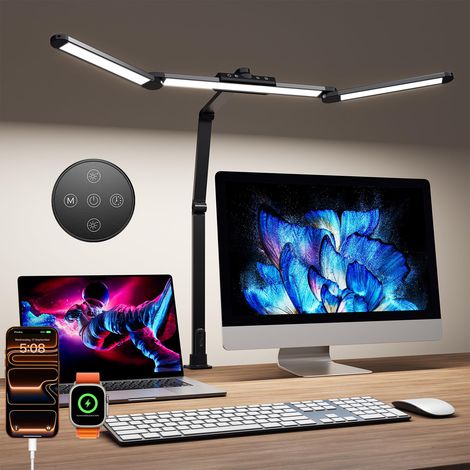Lampe de Bureau LED 24W avec Pince - 1400LM 80CM Lampe de Lecture à DEL de Réglage à 360° avec Télécommande, Port de chargement USB pour Maison et Bureau, Noir (1/5)