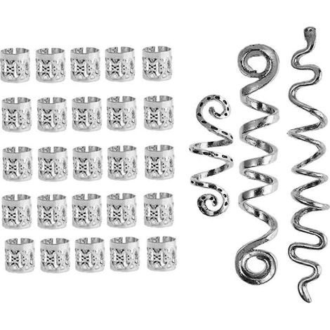 28 accessoires pour dreadlocks : tresses en spirale, bijoux de cheveux, anneaux, manchettes et breloques. (1/3)