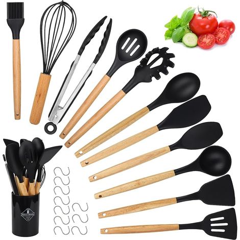22 Küchenhelfer aus Silikon mit Holzgriffen – Antihaftbeschichtung, hitzebeständig, mit 10 Haken und Utensilienhaltern, Spateln und Schöpfkellen, leicht zu reinigendes Küchenzubehör (Schwarz) (1/5)