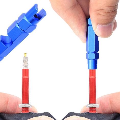 Estrattore per valvole di biciclette. Piccola chiave per l'estrazione di valvole da mountain bike, bici da corsa e biciclette. Colore blu. (1/5)