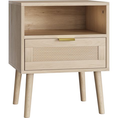 Nachttisch 45 x 40 x 55 cm, boho Beistelltisch mit offenem Regal, Schublade mit Goldgriff, Holzoptik für Schlafzimmer und Wohnzimmer