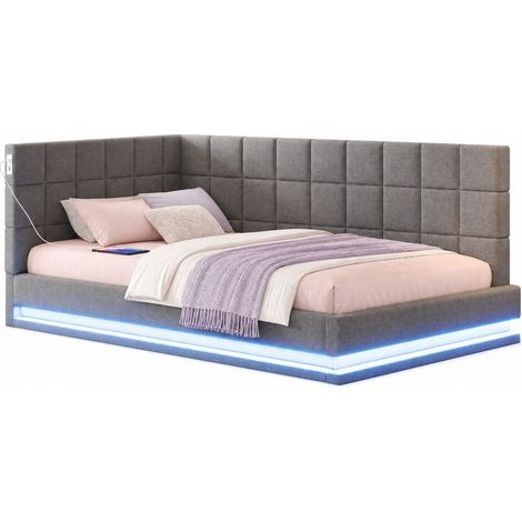 Divano letto 90x200 cm in lino grigio con LED, USB, rete a doghe, senza materasso - CHICFURN (1/5)