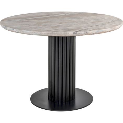 Table ronde élégante en marbre beige et base bois foncé - Beige marbré et bois foncé (1/3)
