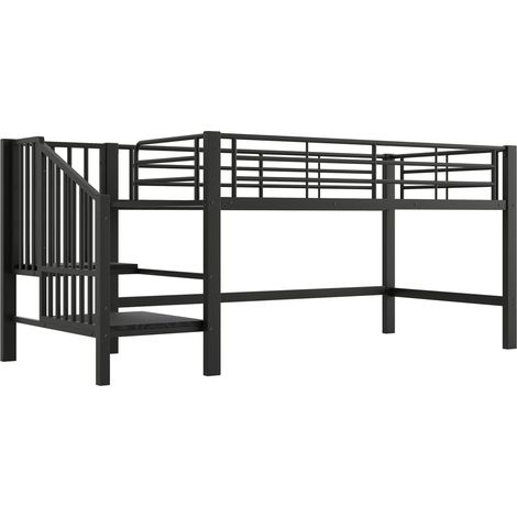 Letto a soppalco a mezza altezza 90 x 200 cm con scala contenitore in metallo nero (1/5)