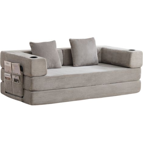 Canapé-lit pliant en velours côtelé gris clair avec rangement, porte-gobelets et coussins de soutien (1/5)