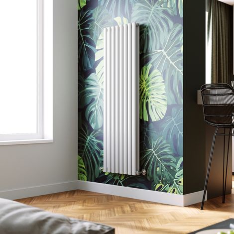 ELEGANT Vertical Column Designer Radiator White Oval Double Panel Rad 1600 x 472mm + Angled Radiator Valves (1/5)