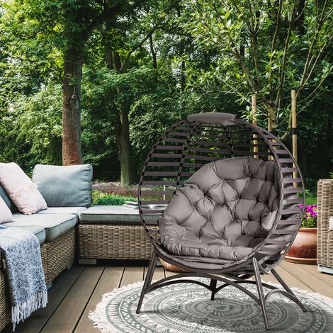Fauteuil Papasan, fauteuil de jardin, fauteuil en osier 2 pièces avec coussin, fauteuil lounge ovale, pliable, pour balcon, terrasse, usage intérieur/extérieur, marron sable, acier, 118 x 75 x 139 cm