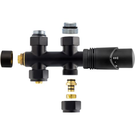 Anschlussgarnitur Mittelanschluss Heizkörper Thermostat Multiblock Durchgang Schwarz Anschlussgarnitur Mittelanschluss Multiblock Durchgang Schwarz Matt 1/2" PEX 16 x 2mm Konus M30 (1/4)