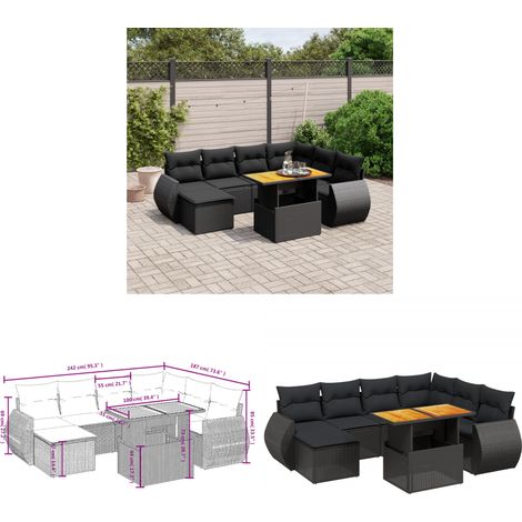 Salon de jardin 8 pcs avec coussins noir résine tressée - Ensemble Salon De Jardin - Meuble Extérieur - Résine Tressée - Rotin Synthétique - Table Extensible - Home & Living (1/3)