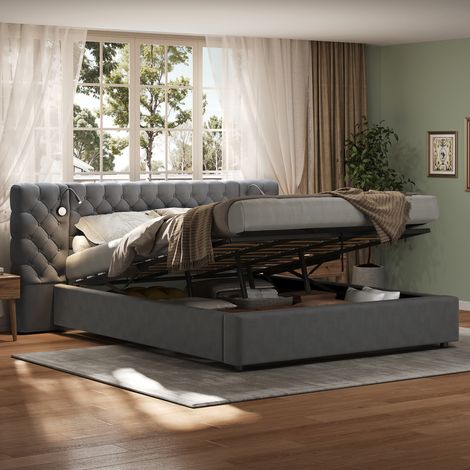 Upholstered bed, Super King Size Bed-6ft(180200), hydraulic storage bed, with reading light, wide headboard, excluding bedside tables and mattress, velvet, gray