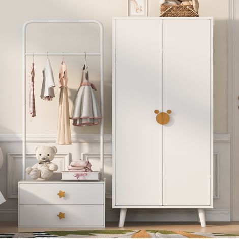 Armoire enfant 2 portes 70 x 55 x 170 cm avec penderie et rangement, blanc et bois OKMYHOME (1/5)